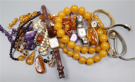 Mixed jewellery including amber, amethyst etc and a group of ladys wrist watches.